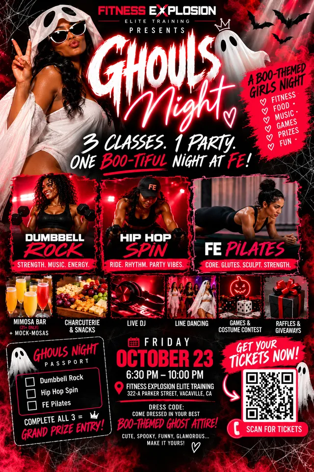 Ghouls Night flyer: a BOO-themed girls night at Fitness Explosion, Friday October 23.
